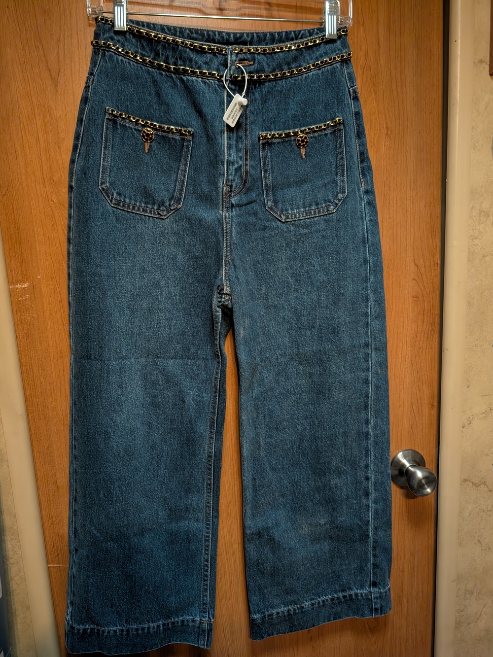 Women's Dark Blue Denim Jeans with Chain Trim